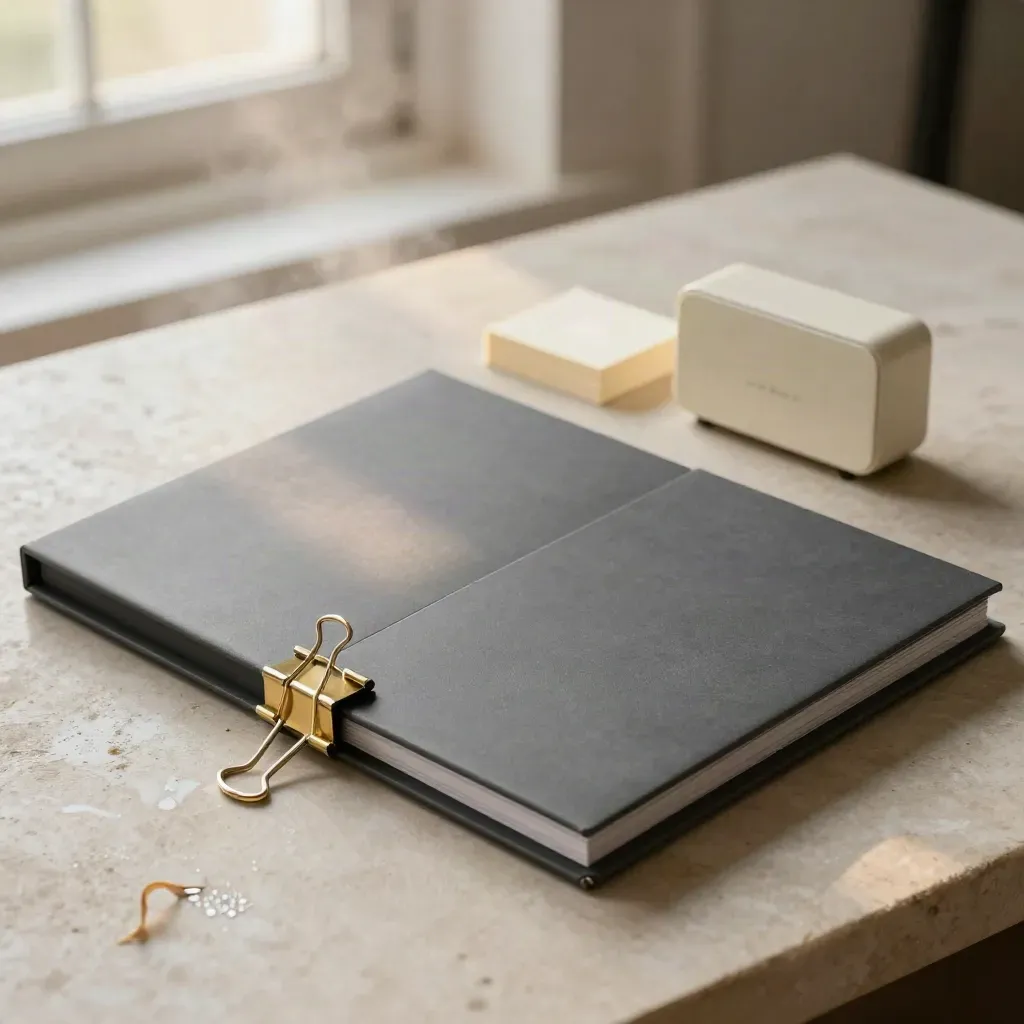 Graphite planning folio with brass clips, timer, and cream cards on pale stone.