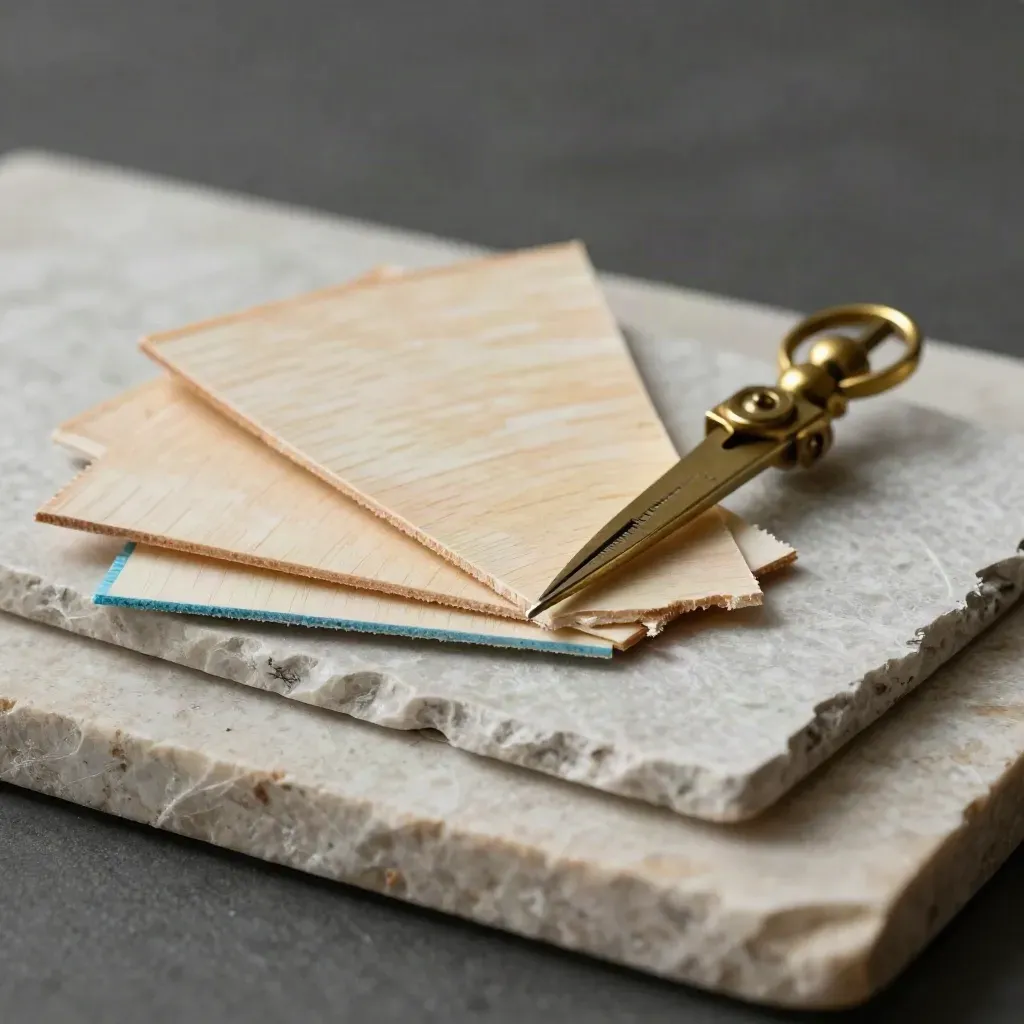 Birch chips, brass compass point, and stone swatch on pale limestone