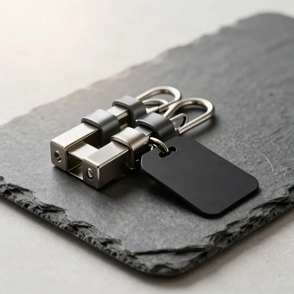 Slate tray with cargo seal, cable clips, and matte-black tag holder on stone