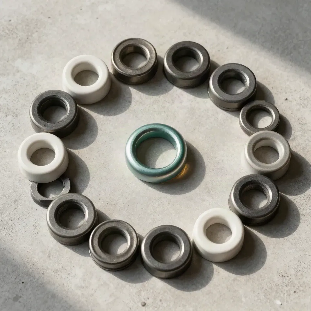 Top-down still life of graphite washers, ceramic spacers, and a teal anodized ring on pale concrete.
