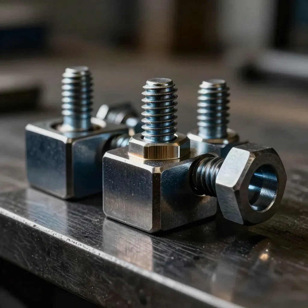 Extreme macro of steel fixture blocks, hex bolts, and an aluminum spacer on brushed metal.