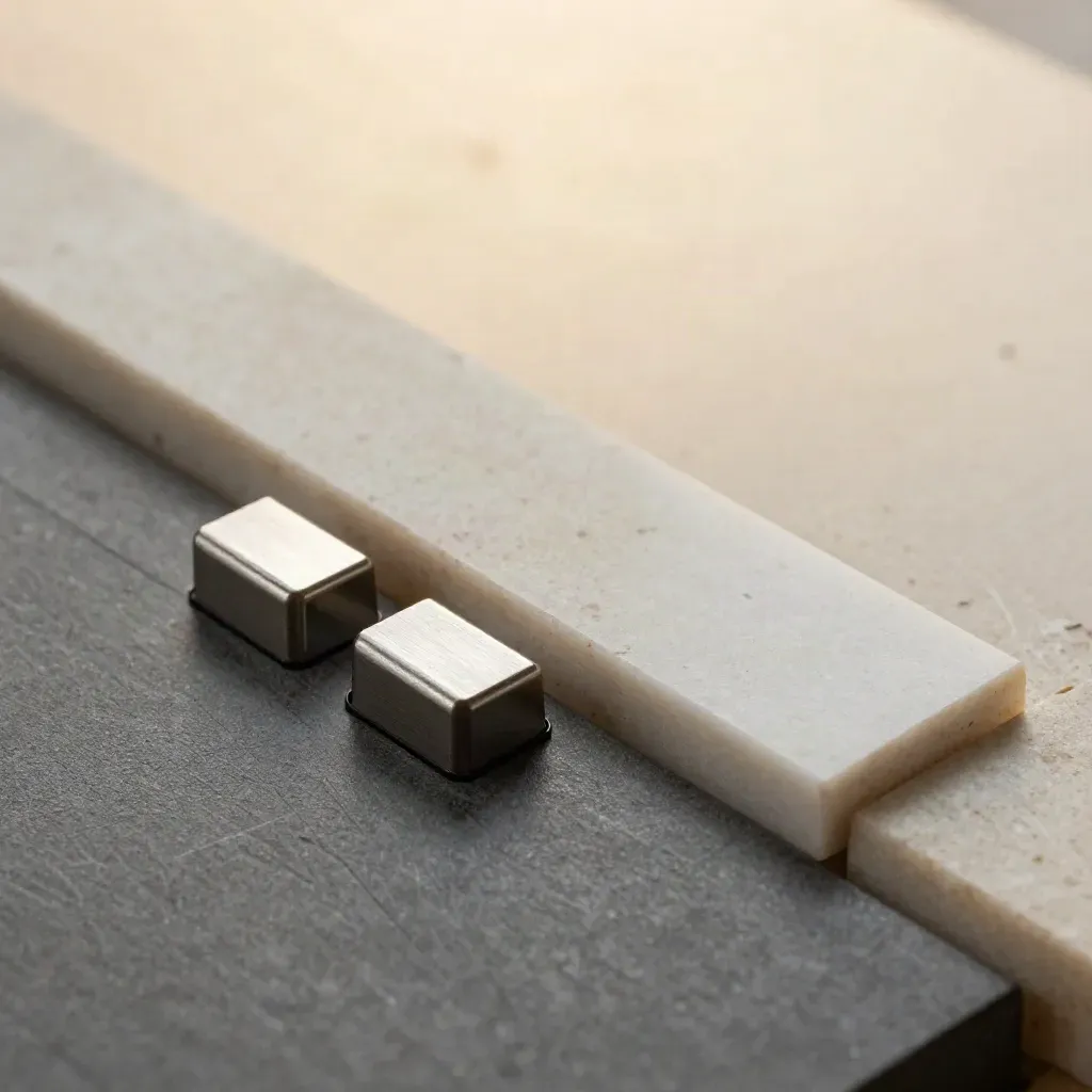Extreme macro of graphite desk grid stops on brushed stone with a cloud-white block.