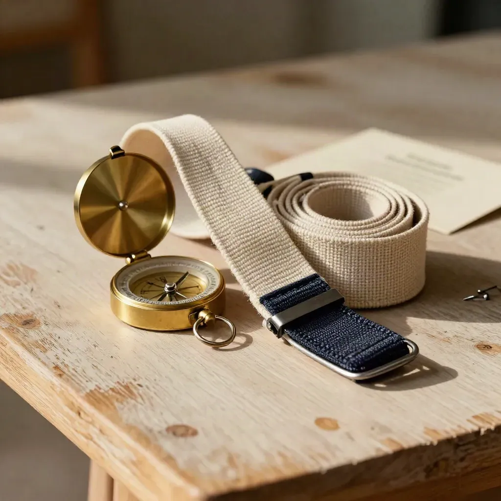 Canvas strap coil, steel pins, and brass compass housing on pale wood with a navy accent.