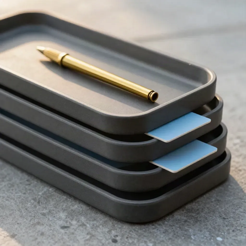Top-down macro of graphite index trays with a brass marker and sky-blue tabs
