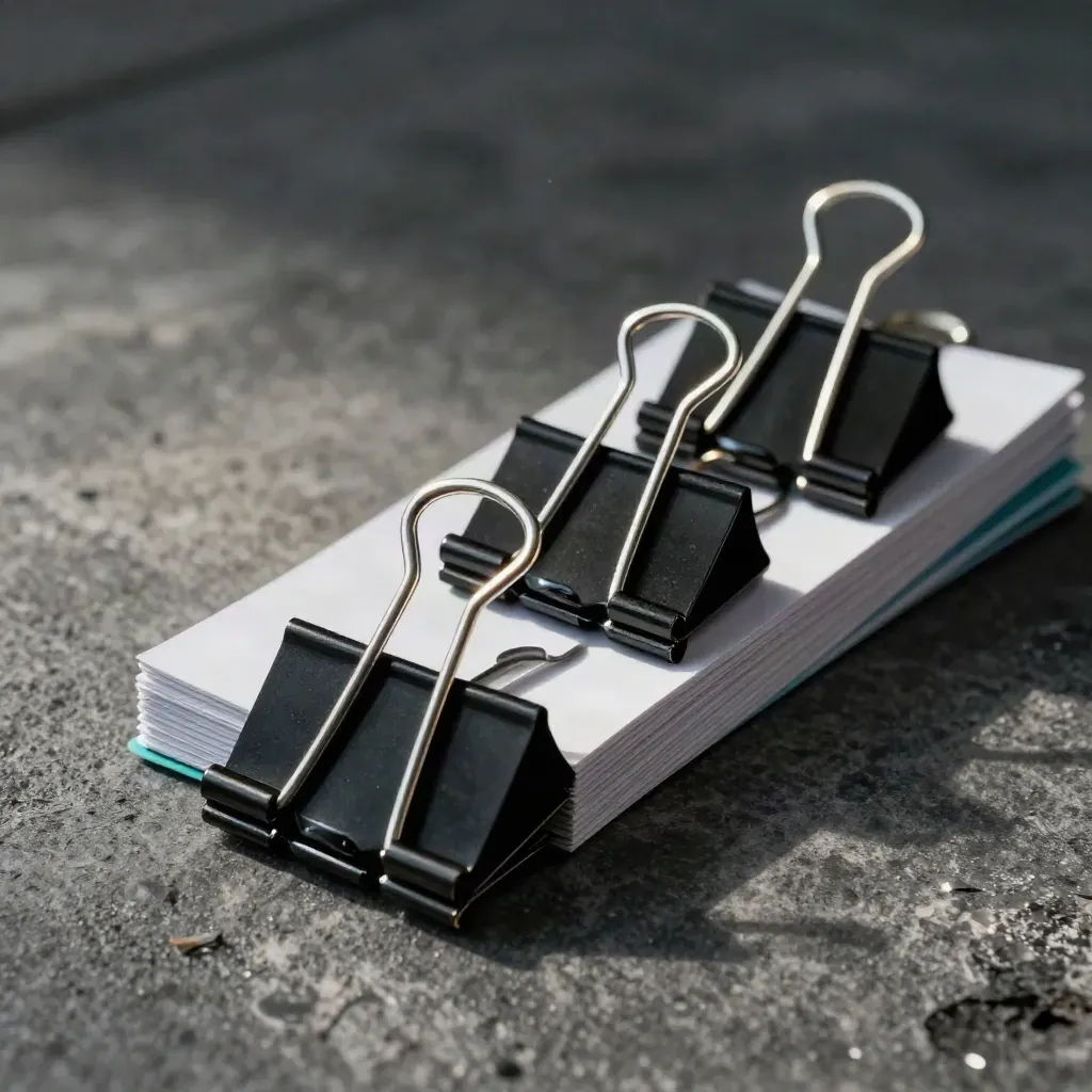Black binder clips gripping folded cards on stone, with a small teal accent.