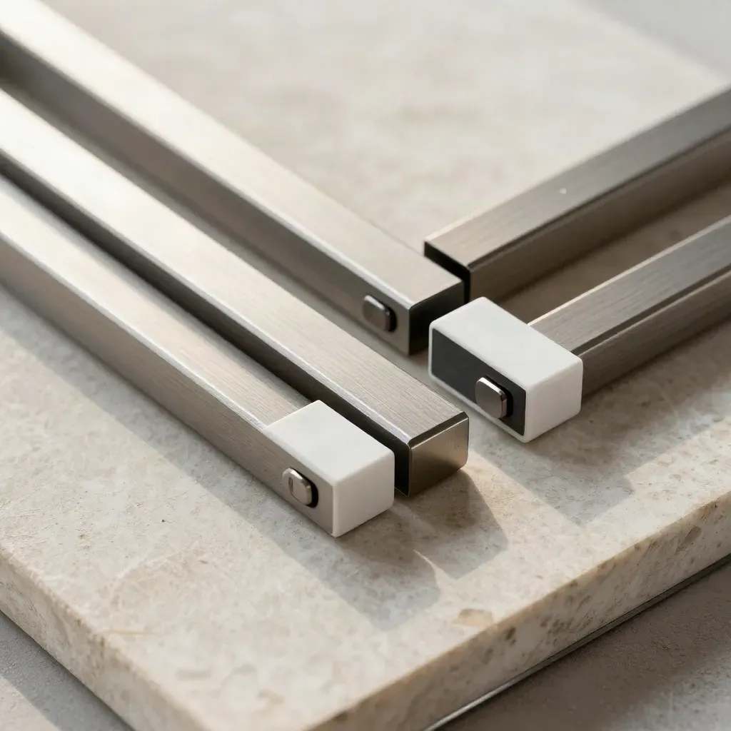 Aluminum timeline bars and spacer blocks sliding into one line on pale stone.