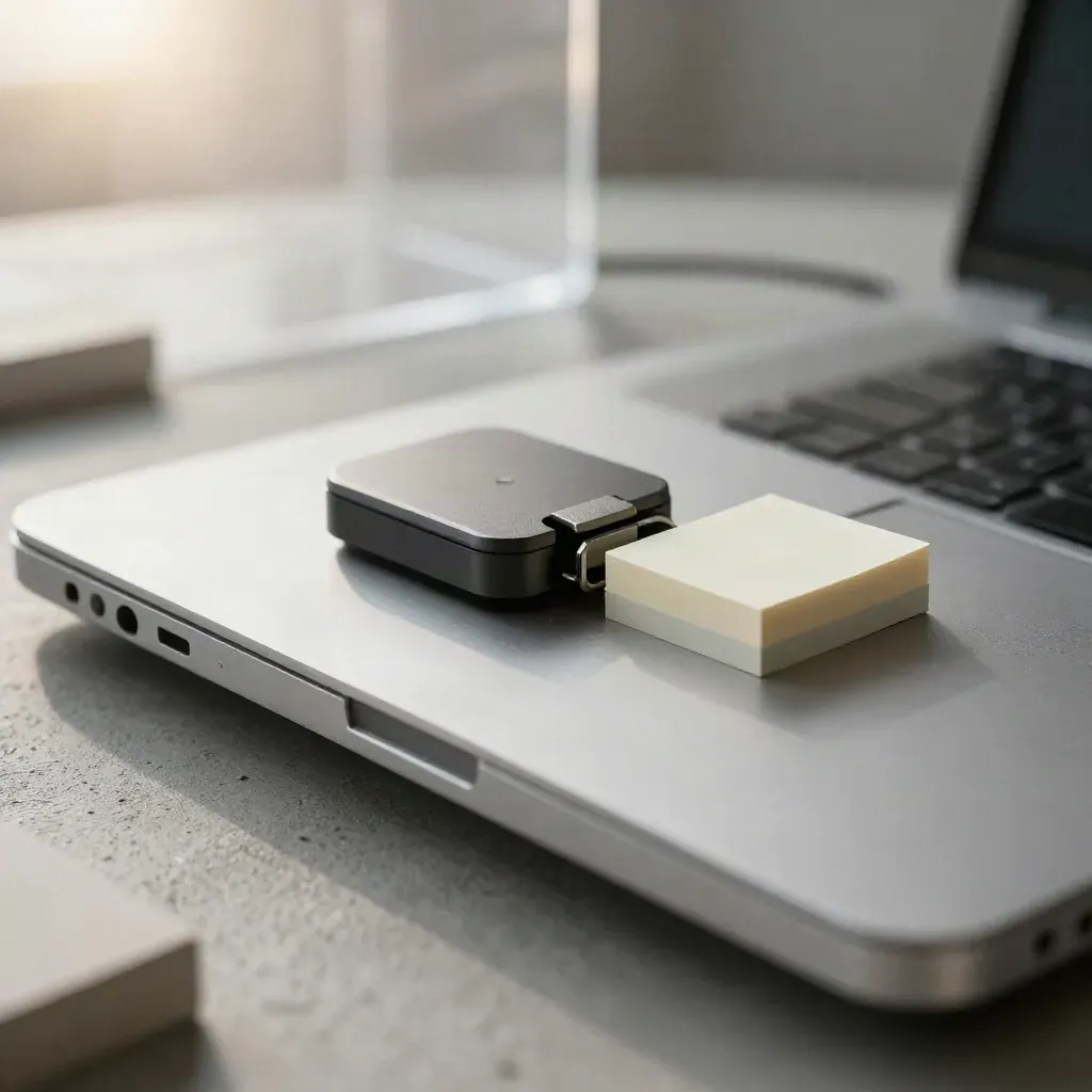 Closed laptop, timer, cable clip and sticky tabs on concrete, seen through frosted acrylic
