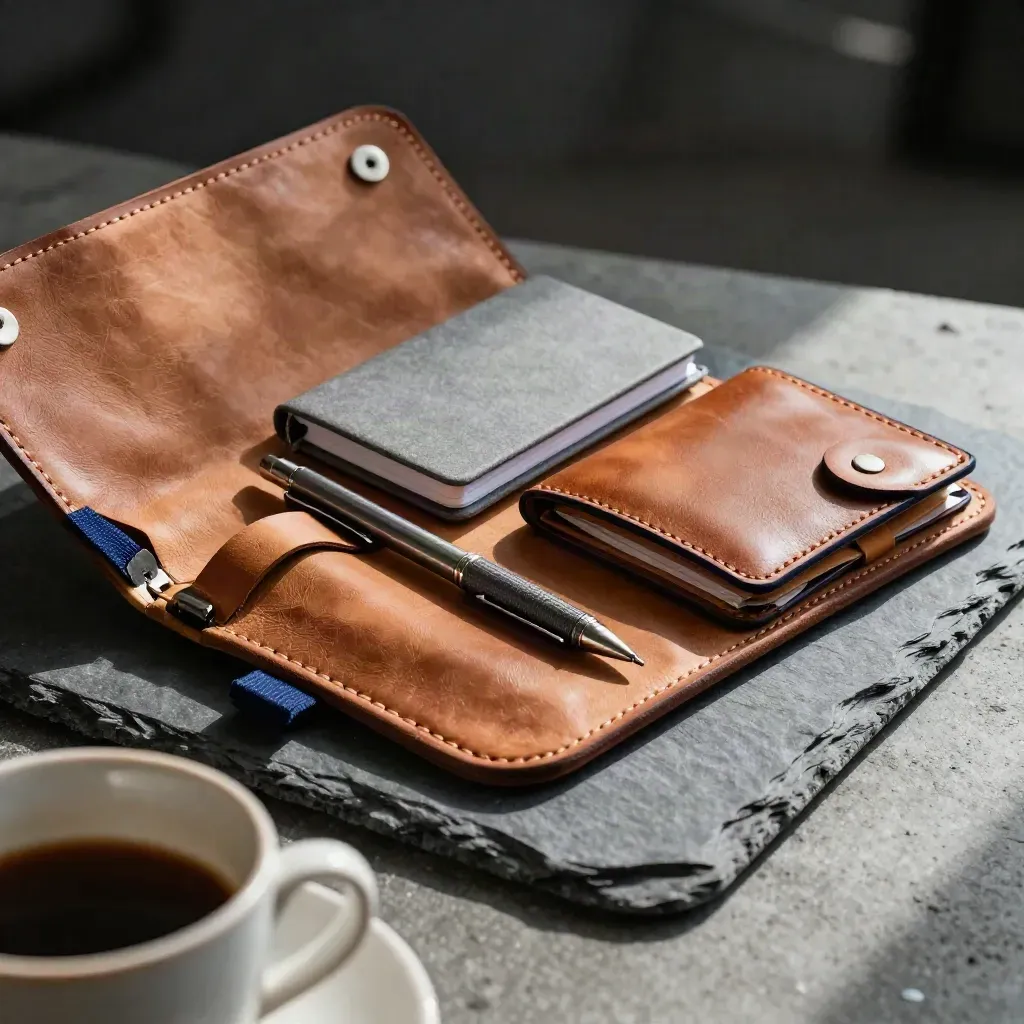 Leather tool roll with pencil, notebook and receipt wallet seen through a blurred cup rim.