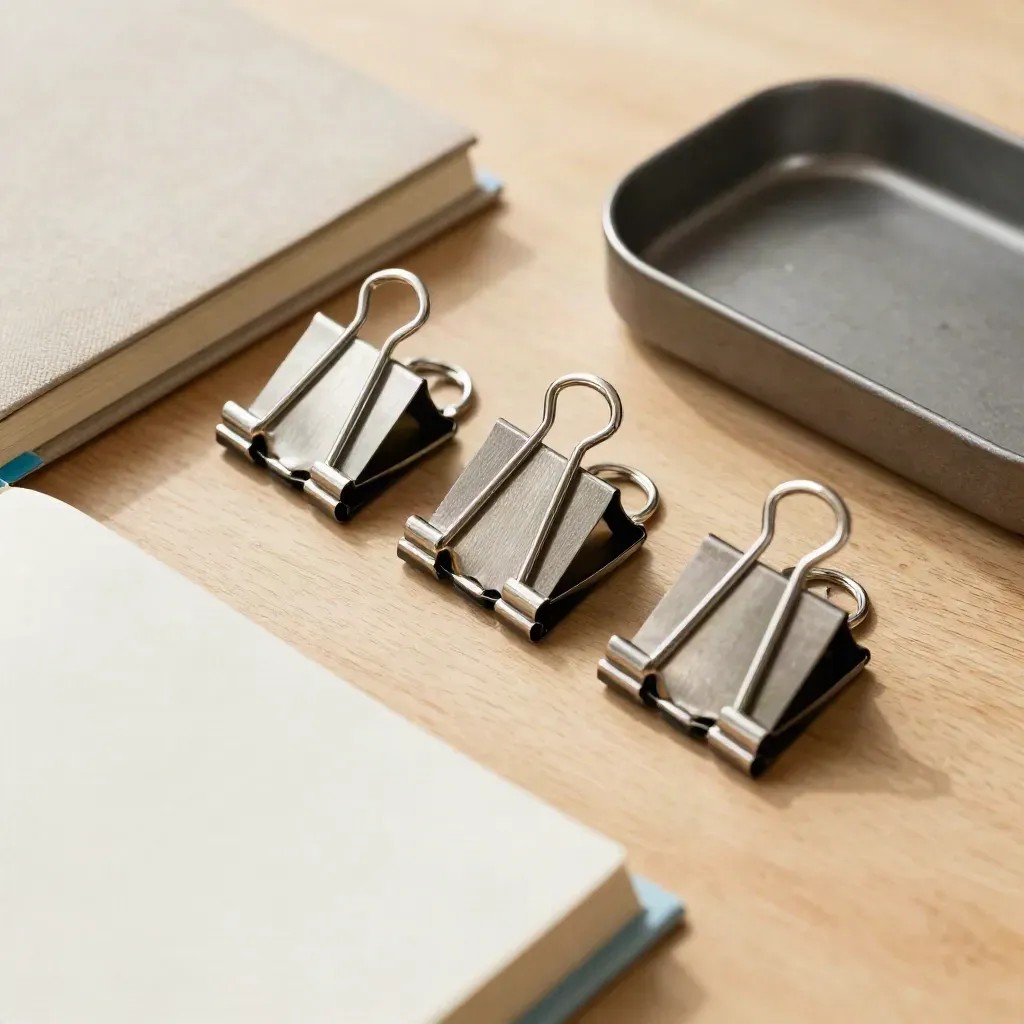 Brushed metal task clips, closed slim notebooks, and a pen tray on pale wood, seen top-down