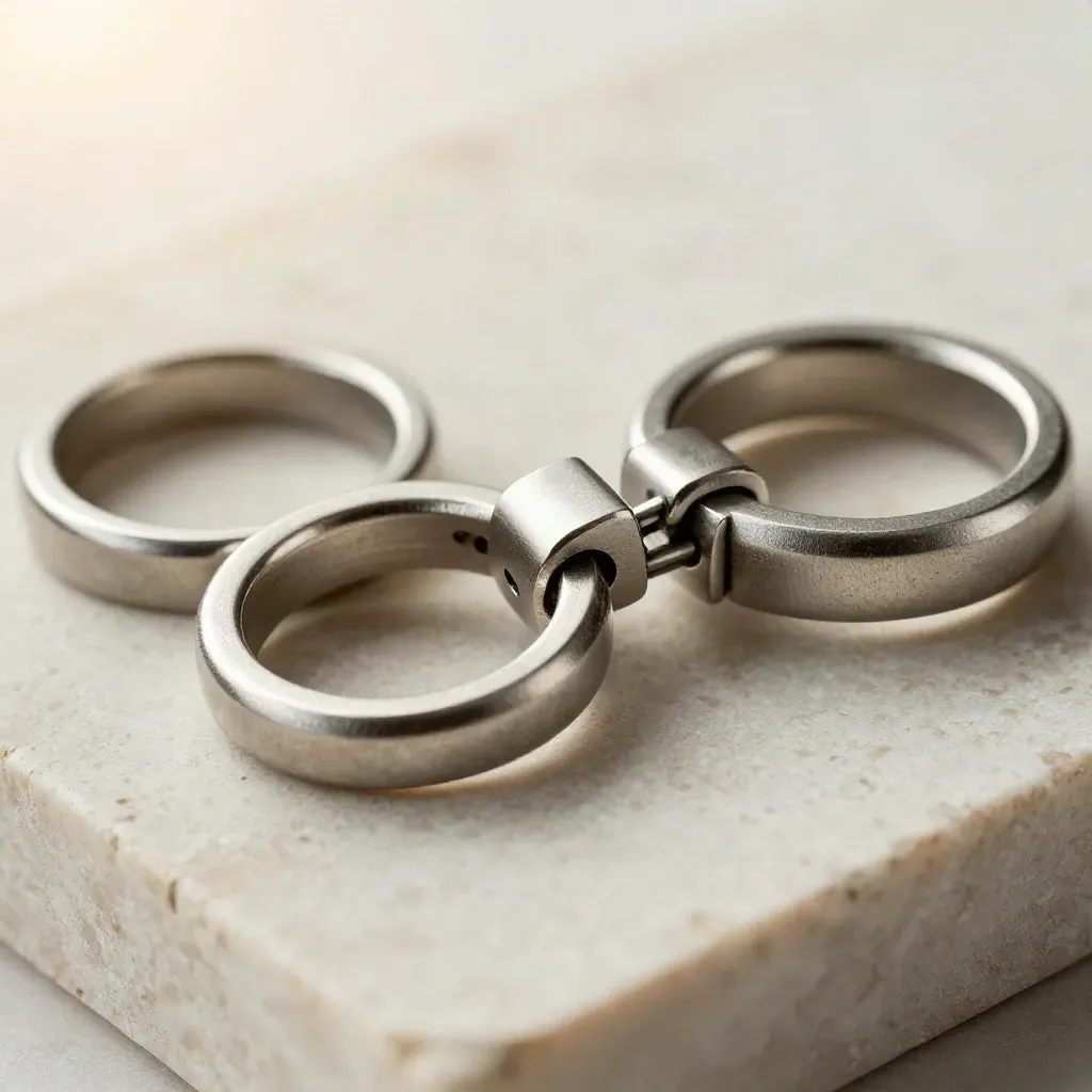 Macro of steel rings, clasp, and connector blocks on a pale stone surface.