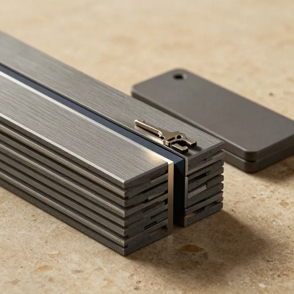 Graphite modular blocks and a chamfered joiner on stone in dramatic studio light.