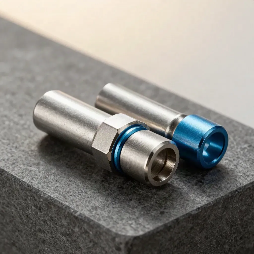 Macro of aluminum lugs and snapped couplers on brushed stone with a sky-blue accent and mist.
