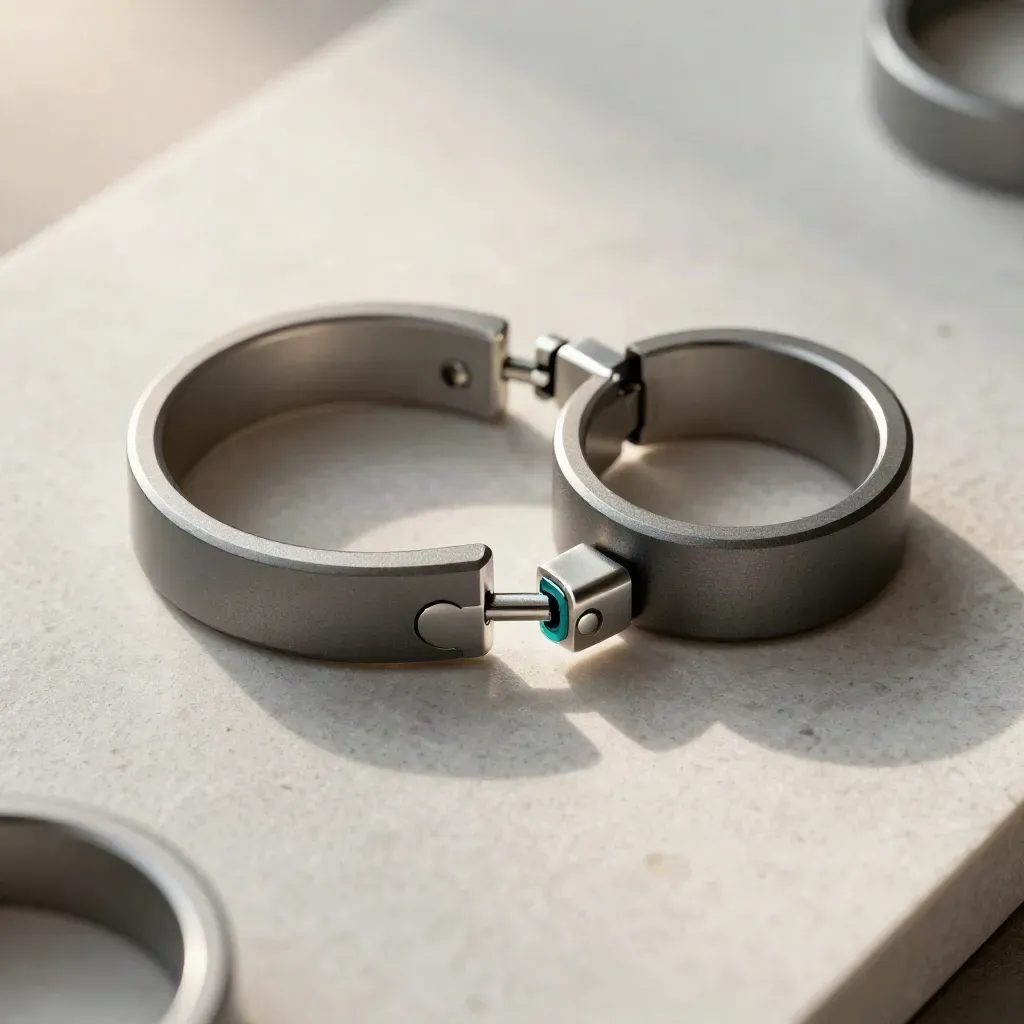 Top-down still life of adapter rings, a puck and a hinge connector forming a loop