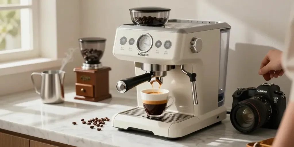ROKOK88 espresso machine brewing rich coffee crema in a stylish kitchen.